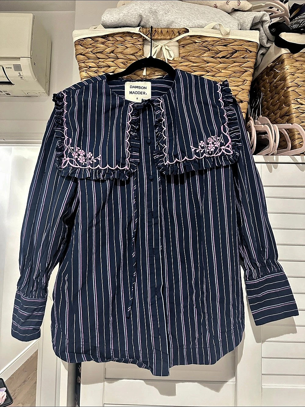 Damson Madder Valentina Collared Top Striped Blouse Blue & Pink